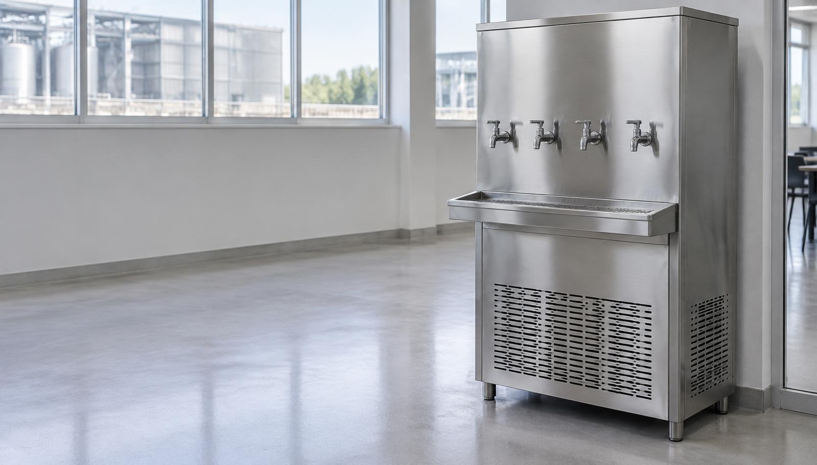 Bebedouro industrial em aço inox em um ambiente de trabalho — imagem ilustrativa